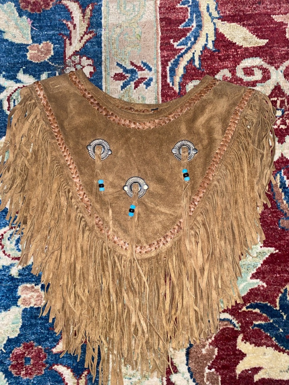 Brown Suede Fringe Poncho with Beaded Concho Accents
